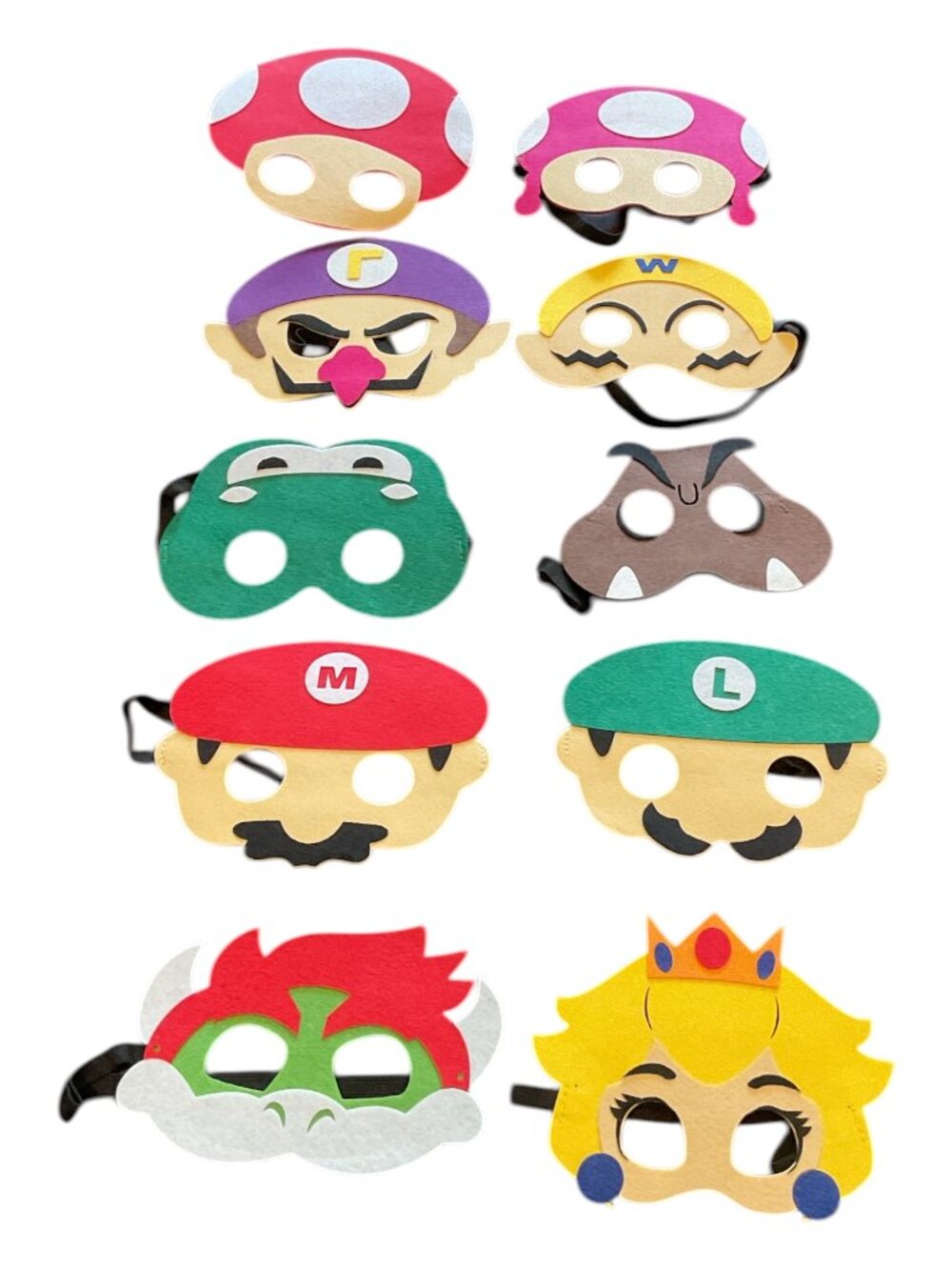 10 pc Mario Brothers Kids Felt Party Masks Luigi Princess Wario Waluigi Goomba